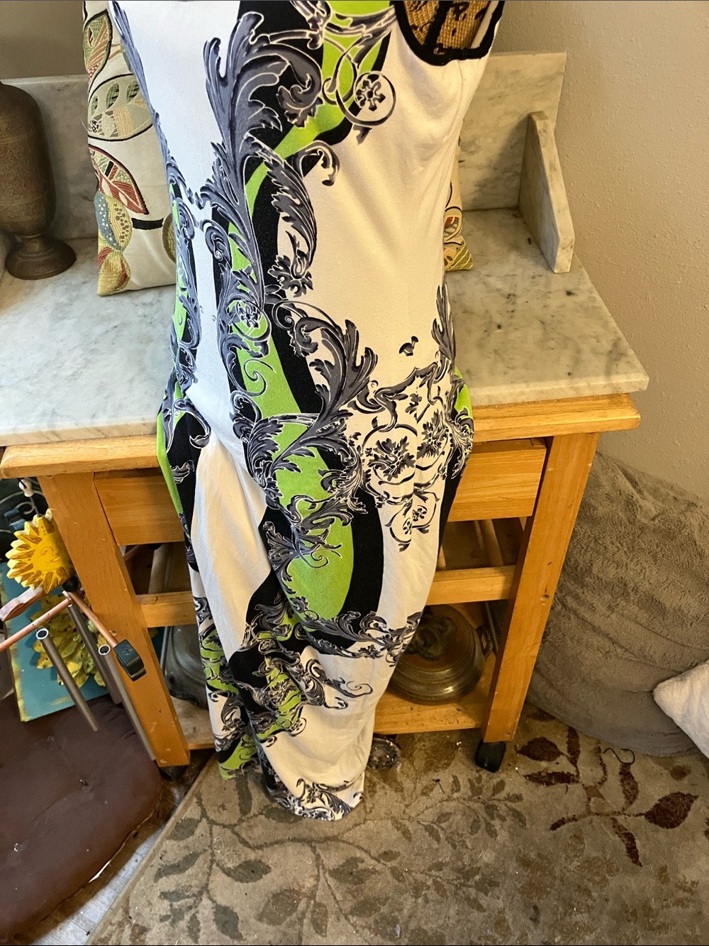 Hale Bob White, Lime & Black Printed Sleeveless Maxi Dress Gorgeous L! - Picture 7 of 11